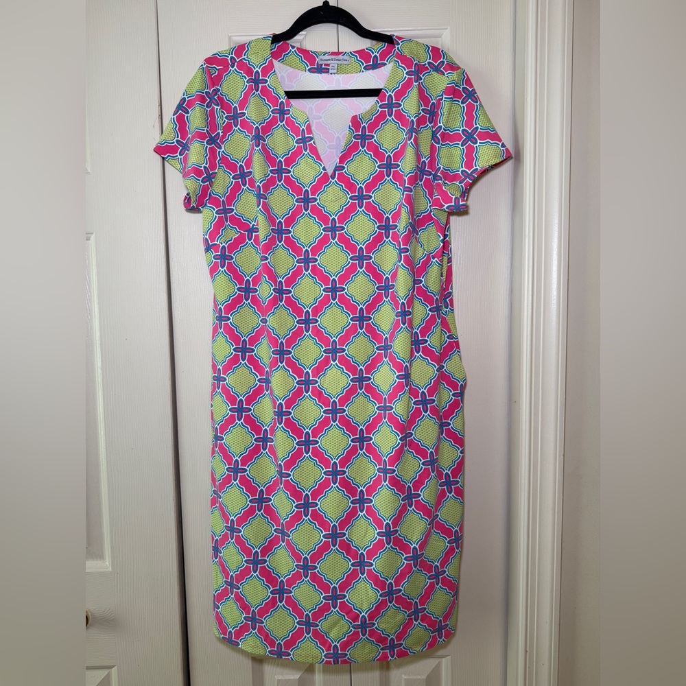 Geometric Pink and Green Midi Dress